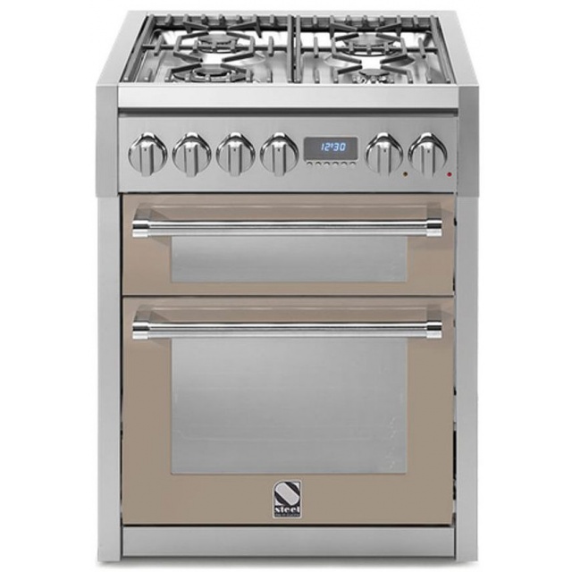 Aragaz Steel Genesi, 70X60cm, 4 arzatoare, cuptor dublu electric multifunctional, timer, aprindere electronica, crem inchis
