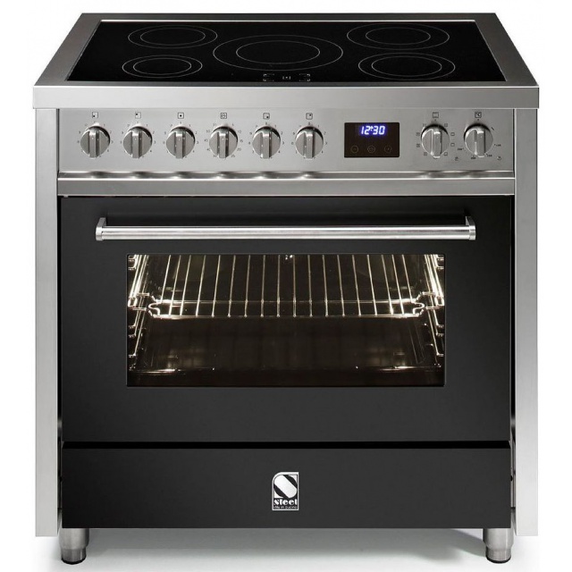 Aragaz Steel Enfasi E9F, 90X60cm, 6 arzatoare, cuptor electric multifunctional, timer, aprindere electronica, negru antracit