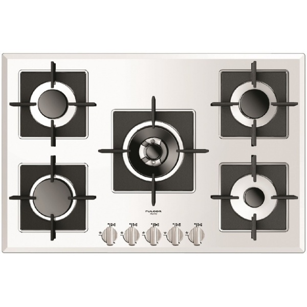 Plita incorporabila Fulgor Milano, FCH 755 G WK WH, 77 cm, plita gaz, 5 arzatoare,sistem Stop-Gaz, butoane otel, sticla alba